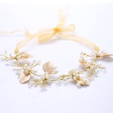 Tiara mireasa design floral autentic placata cu perle sticla si aur 14k
