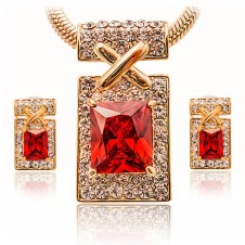 Set bijuterii unicat cristale Zirconiu culoare Rubin placate cu aur galben 18k