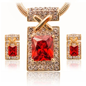 Set bijuterii unicat cristale Zirconiu culoare Rubin placate cu aur galben 18k#1