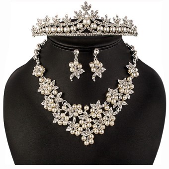 Colier cercei si tiara mireasa placate cu Argint 925 perle si cristale#1
